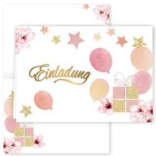 10x Einladungskarten Rosen Gold Aquarell mit Umschlägen Klappkarten Einladung Party Geburtstag Umschläge elegant Hochzeit Jubileum 20 30 40 50 60 70 80 Luftballons Blumen Glitzer