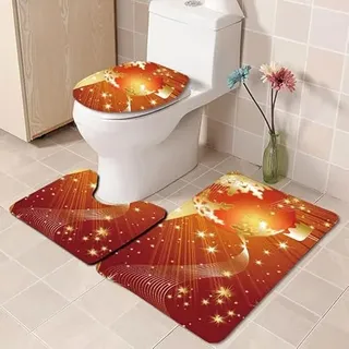 Bad Teppiche Set Orange Gold Linien Badezimmerteppich Waschbar WC Vorleger mit Ausschnitt und WC Deckelbezug 3 Teilig Badematte rutschfest Toilettensitzbezug Badgarnitur 45x75 cm
