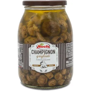 Novella CHAMPIGNON GRIGLIATI - Gegrillte Champignons im Glas – 1062 g - Pilz-Vorspeise aus Italien - eingelegt in Ölmarinade