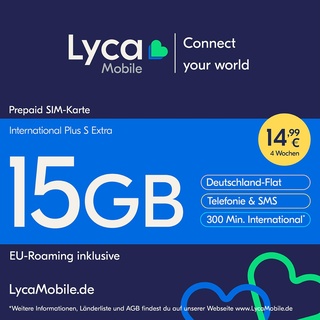 Lycamobile Lyca Mobile International Plus S extra Prepaid Smartphone SIM Karte ohne Vertrag inkl. 15 GB Datenvolumen