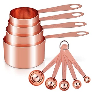 Cuteefun Messbecher und Messlöffel, 8 Stück, Edelstahlgriff mit Metrischen Und Us-Maßen, Goldene Polierte Oberfläche, Cup Messbecher für Trockene und FlüSsige Zutaten, Zum Backen und Kochen (Roségold)