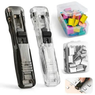 JININOSEU 2 Stück Reusable Creative Stapler, Tacker Ohne Klammern mit 100 Stück Wiederverwendbare Heftklammern, Tragbarer Binder Clip, Klammerloser Hefter, Push Clamp Stapler Holder