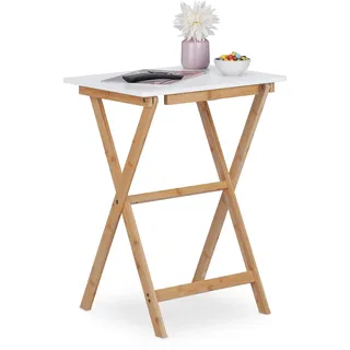 Relaxdays Klapptisch, Bambus, HxBxT: 63 x 47,5 x 37 cm, platzsparend, belastbar, klappbarer Beistelltisch, weiß-Natur