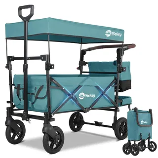 Sekey Faltbarer Bollerwagen Kinder mit 150KG Tragkraft, Handwagen Klappbar für Kinder mit Schiebegriff und Bremsen, TP5050, Dunkelgrün