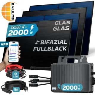SUNNIVA® 2000W Balkonkraftwerk BIFAZIAL FULLBLACK komplett Steckdose TSUN 2000W Wechselrichter, PV Solaranlage, 4x 500W Glas-Glas Solarmodule, inkl. 5m Kabel, Bluetooth WIFI, Komplettset