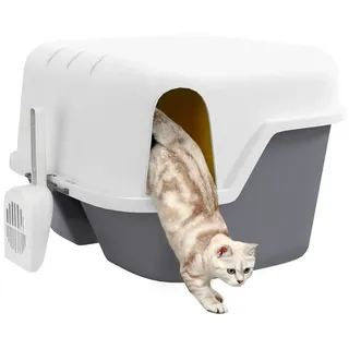 PawHut Katzentoilette mit Deckel, Katzenklo mit Sieb, Schaufel, Katze Toilettenhaus für kleine Katze unter 3,5 kg, Indoor, Kunststoff, Cremeweiß