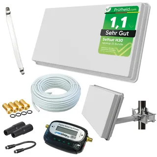 Sat Flachantenne mit Single LNB - HD Sat-Anlage für 1 TV - Selfsat H30D1+ kompakte Antenne inkl. Fensterhalterung, 10 m Koaxialkabel, SAT-Finder & Zubehör-Set - Starke Empfangsleistung von netshop 25