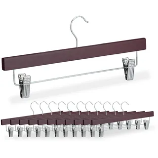 Relaxdays Hosenbügel 12er Set, je 2 Klammern, Clipkleiderbügel für Hosen & Röcke, HBT: 15,5x36x3 cm, Holz & Eisen, braun