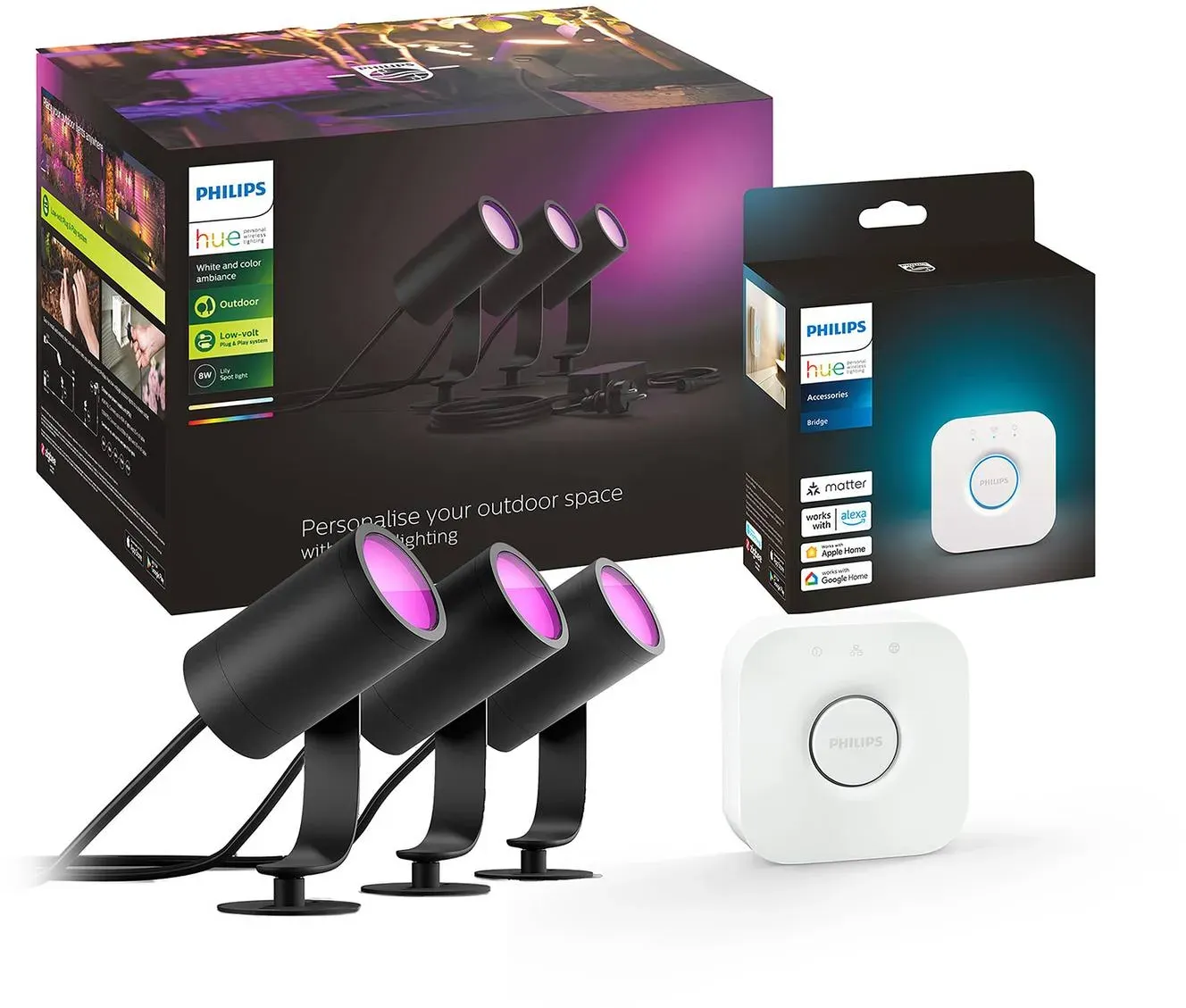 Philips Hue LED-Spot Lily, 3er-Set, Bridge, RGB, CCT, IP65 dimmbar, schwarz, Aluminium, Modern - 7 cm - 8.4 cm - 19.4 cm