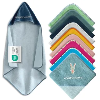 Kapuzenhandtuch Baby mit Namen Bestickt, Oeko-TEX® Standard 100 - Personalisiertes Babyhandtuch mit Kapuze aus Reiner Baumwolle mit gesticktem Namen und Motiv (Dunkelblau, 80 x 80 cm)