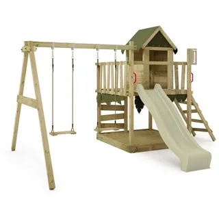 FATMOOSE Spielturm Klettergerüst JazzyJungle mit Schaukel & Rutsche, Spielhaus mit Sandkasten, Leiter & Spiel-Zubehör – Salbeigrün
