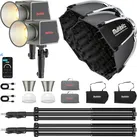 Multiblitz Set 2x Fotolicht LED 100W 2x Lampenstativ 2x Octagon Softbox Ø40cm (Videoleuchte), Dauerlicht, Schwarz, Silber