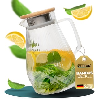 CLIDOR ® Wasserkaraffe I 1,5 Liter I verstärkte Glasstärke I Karaffe für Heiß- & Kaltgetränke geeignet I Tropffreier Ausguss I moderne Glaskaraffe I Teekanne Glas I robuste Glaskaraffe mit Deckel
