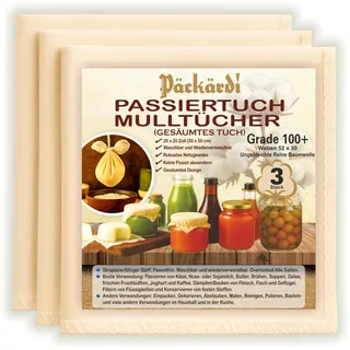 Grade 100+ PACKARDI Passiertuch 3 Stück ca. 50x50 cm je Käsetuch, Cheesecloth Filtertuch Seihtuch 100% ungebleicht, aus reiner Baumwolle, fusselfreie Mulltücher mit vernähten Ecken