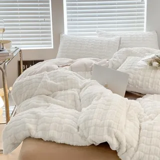 Lanqinglv Plüsch Bettwäsche 135x200 Kunstfell Weiß Flauschig Winterbettwäsche Warme Kuschelig Flanell Fleece Cashmere Touch Biber Bettbezug mit Reißverschluss und 1 Kissenbezug 80x80cm