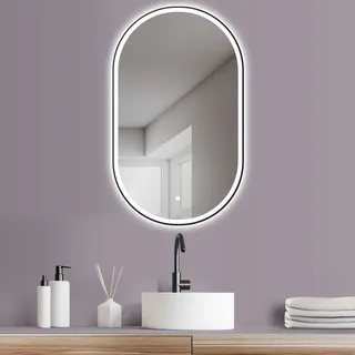Hoko Badspiegel LED 50x90 cm Wandspiegel Oval mit Metallrahmen+Licht Wechsel Warmweiß-Kaltweiß-Neutral, 2700-6500K. Touch Schalter. Memory. Parma+ / Schwarz