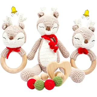 miniheld Handgestrickter Reh Ivy Set Babyrassel Holzspielzeug und Baumwolle