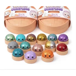 stylx Squishy 1x Dumplings Buns Virale Geschenkidee kleine 5cm Mystery Dumplings Trend mit Box Anti Stress Steamed Buns Cute Süß (2er Set 1x Matt +1xGlitzer)