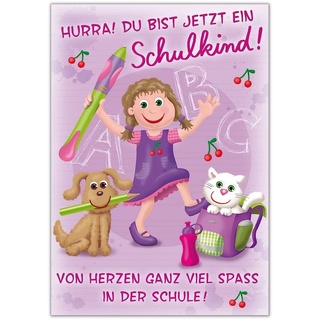 Perleberg - schöne Karte zum Schulanfang mit Mädchen Motiv - hochwertige Karten zur Einschulung - Einschulung Karten mit Umschlag - Glückwunschkarte für Jungen & Mädchen 11,6 x 16,6 cm