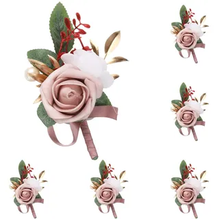 QUARKZMAN 6 Stück Grau Rosa Anstecksträuße für Männer, Künstliche Blumenstecker Taschenanstecker mit Anstecknadeln für Hochzeit Braut Bräutigam Zeremonie Jubiläum Formelle Party