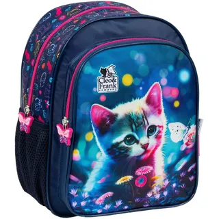 Derform Cleo & Frank - Robuster Katzendesign Wanderrucksack für Kinder Rucksack 28 cm Kindergarten Tasche blau