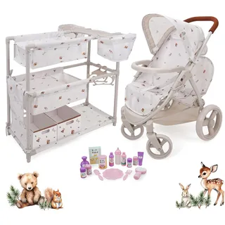 509 Crew 17 Piece Deluxe Twin Doll Play Set, Doll Tandem Stroller, Sleep and Feed Play Station, 15 Piece Feed and Care Accessories, for Two Dolls Play Set, Ages 3+
