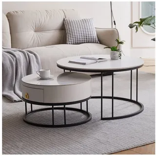 OKWISH Couchtisch Satztisch Rund Beistelltisch Kaffeetisch Wohnzimmertisch Sofatisch (Schiefer-Tischplatte, mit Schublade, Keine Lötstellenstruktur, 2-St., 2-in-1 Set Tisch) schwarz runden | 70 cm x 44.5 cm x 70 cm