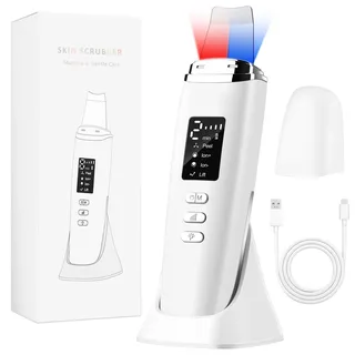 pofibo Skin Scrubber Ultraschall - Mitesserentferner Porenreiniger Gesicht mit 4 Modi, Rotes & Blaues Licht, LED-Anzeige, Auto-Off, Ultraschallgerät Gesicht, Tiefenreinigung Gesichtsreinigungsgerät