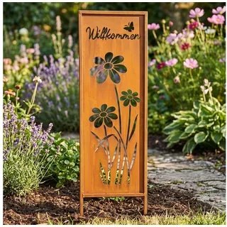 Levandeo® Gartenstecker Gartenstecker Willkommen H83cm Stele Rost Rostdeko Braun Garten-Deko