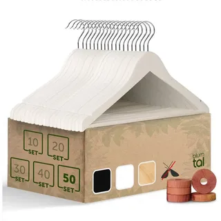 Blumtal Kleiderbügel Holz 50er Set - Holzbügel mit 360° drehbarem Metallhaken - Kleiderbügel Weiß + Zedernholz Mottenschutz - Aufhänger Weiss + Anti-Rutsch-Schicht & Einkerbungen - Bügel
