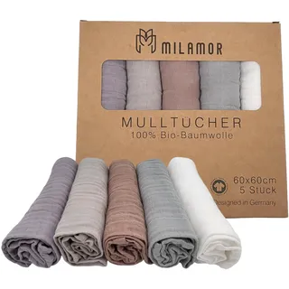 MILAMOR Mulltücher 5er Set 60x60cm / 100% GOTS Bio-Baumwolle/Spucktücher/Musselin Tuch/Mullwindeln Spucktücher/Moltontuch/Spucktuch Baby