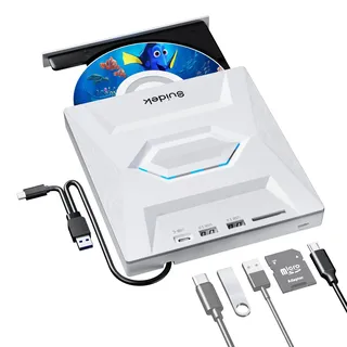 SUIDEK Externes CD DVD Laufwerk für Laptop, Ultra Slim Portable USB C CD/DVD +/-RW Brenner DVD Player für Laptop mit SD Kartenleser USB 3.0 Typ C Hub für Desktop PC Windows Linux