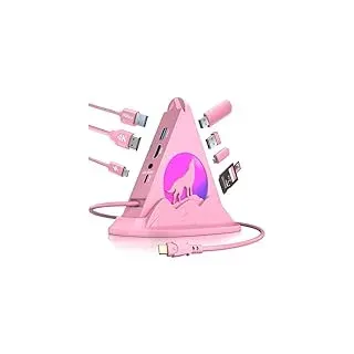 Wolf USB C Hub, Pink 8-in-1 Typ C Multiport Adapter mit 4K@30Hz HDMI, 100W PD, 5Gbps 1xUSB-C, 3xUSB-A 3.0, SD/TF Slots, Base-Stand, RGB MacBook Adapter für MacBook Air/Pro, iPad, iMac, Surface, XPS