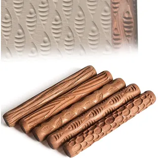 Tiamu 5 Stück Tonstempel Töpferwerkzeug, Prägestempel Tonroller Muster, Töpferton Walzen Set für Keramik & DIY, Gravur-Nudelholz, 3D Polymer Clay Textur-Rollen für Töpfern, Scrapbooking, Knete