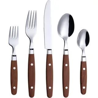 Annova Besteck-Set, 20-teilig, Edelstahlgriff mit Nieten/Retro-Besteck – 4 x Tafelmesser; 4 x Menügabel; 4 x Salatgabel; 4 x Esslöffel; 4 x Dessertlöffel (Holz)