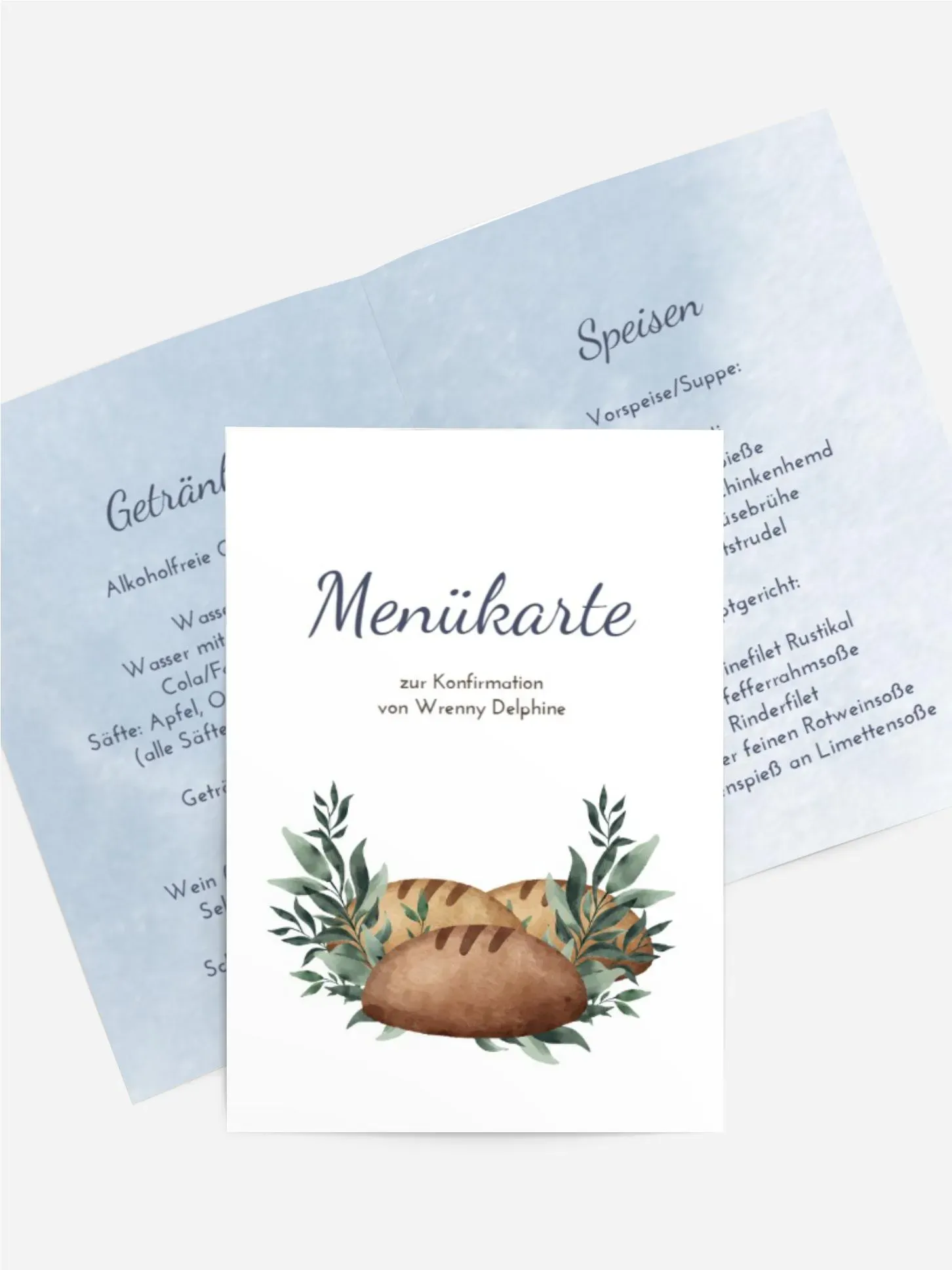Menükarten Konfirmation selbst gestalten mit Spruch und Fotos im Onlinedesigner bei Meine-Kartenmanufaktur.de
