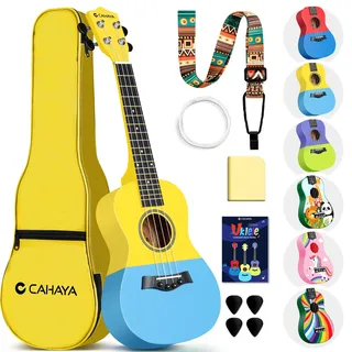 CAHAYA Concert-Ukulele mit Gigbag für Erwachsener Enthusiast: Linde Material Ukulele mit Geared-Machine, Gurt, Noten, Saiten, Reinigungstuch, 4 Plektren, 23 Zoll Gelb-Blau
