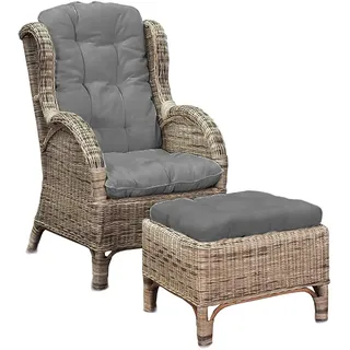 Mojawo Luxus Relaxsessel Korbsessel Ohrensessel mit Fußhocker aus Rattan, inkl. Polster in dunkelgrau Gartensessel Rattansessel mit Hocker