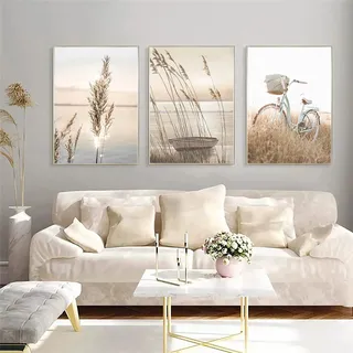 Trayosin 3er Design-Poster Set Wandbilder Boho Pampasgras, Beige Natur Bilder Wohnzimmer Deko Schlafzimmer,Moderne Poster Wandbilder Vintage Bilder Wanddeko Ohne Rahmen (50x70cm)