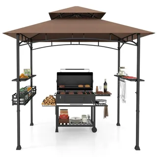 COSTWAY Grillpavillon mit Doppeldach, Seitenregalen, Metallkorb, Haken und Flaschenöffner, Grillüberdachungen wetterfest, Grillunterstand für Garten, Außenbereich, 242 x 153 x 250 cm (Braun)