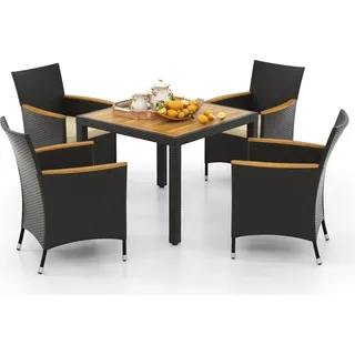 Costway 5 tlg. Polyrattan Gartenmöbel Set, für 4 Personen, Gartengarnitur, Gartentisch mit 4 Stühle & Kissen Braun und Creme Type-2