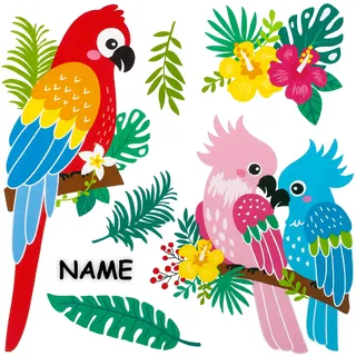 alles-meine.de GmbH Fenster Sticker Motivwahl Kinder & Erwachsene - 6 TLG. Set - Papagei & Blumen - Dschungel - inkl. Name - statisch haftend - selbstklebend + wiederverwendb..