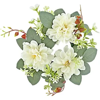Baoblaze Kerzenring Blumen, Kerzenringe für Stabkerzen Blumen, Blumenring für Stabkerzen, Blumenkerzenringe Kränze, Künstliche Rose Kerzenkranz, Kerzenring Eukalyptus für Tische Party, Weiß