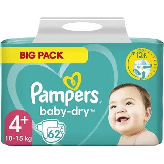 Pampers Baby Windeln Größe 4+ (10-15kg) Baby-Dry, Maxi Plus, 62 Stück, BIG PACK, bis zu 12 Stunden Rundum-Auslaufschutz