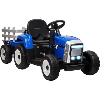 Homcom Elektrischer Traktor mit Anhänger, Kinder Aufsitztraktor mit Fernbedienung, Kinder Elektroauto mit MP3 Funktion, Kinderfahrzeug mit Scheinwerfer, 3-6KM/H, für 3-6 Jahre, Blau