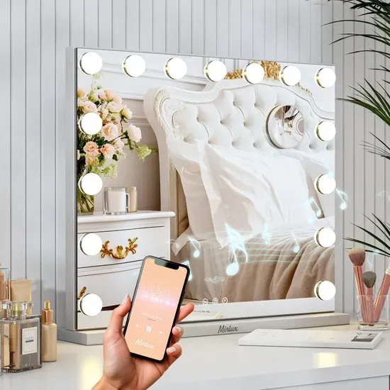 Hollywood Spiegel - Bluetooth-Lautsprecher - 58x48cm - Weiß