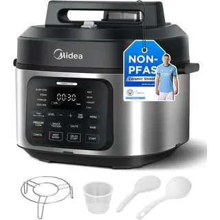 Midea 9-in-1 Multikocher, 6L 12 Kochfunktionen Elektrischer Schnellkochtopf (Langsamkochen, Reiskocher, Sous Vide, Kuchenbäcker), 70% schneller, gebürsteter Edelstahl & Schwarz