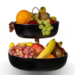 Tiali Obst Etagere 2 Etagen Bambus - Etagere Holz für extra viel Stauraum - Obstkorb Etagere schwarz aus natürlichem Bambus für frisches Obst - Obstschale modern - Obstkorb schwarz