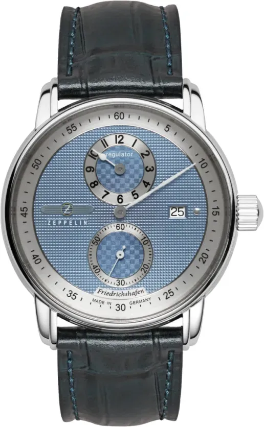 Zeppelin Herrenuhr 85223 - Blaues Ziffernblatt mit Clous de Paris"-Prägung mit schwarzen Zahlen/Indices,Leuchtzeigern,blaue Naht,dunkelblau" - 42mm