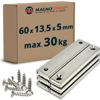 Neodym Magnet zum Anschrauben rechteckig extra stark - 30kg - mit Senkbohrung - Starke Quader-Magnete 60mm lang mit 2x Loch/Bohrung und Senkung für Büro Haushalt Werkstatt - 6 Stück inkl. 12 Schrauben